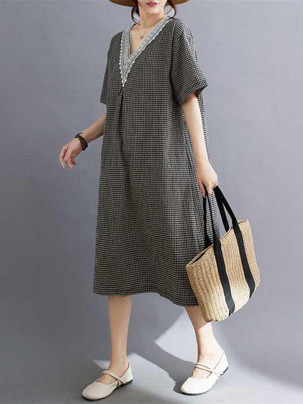 Plaid Pleated Split-Joint A-Line Half Sleeves V-Neck Midi Dresses