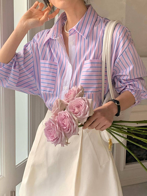 Buttoned Contrast Color Pockets Striped Long Sleeves Loose Lapel Blouses&Shirts Tops