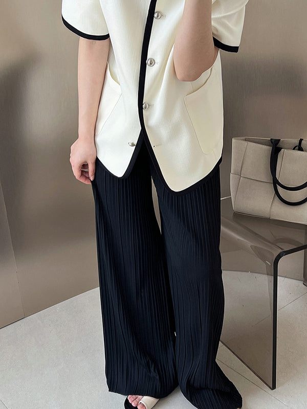 Pleated Solid Color Wide Leg Pants Bottoms