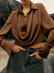 Hollow Solid Color Split-Joint Long Sleeves Loose Lapel Blouses&Shirts Tops