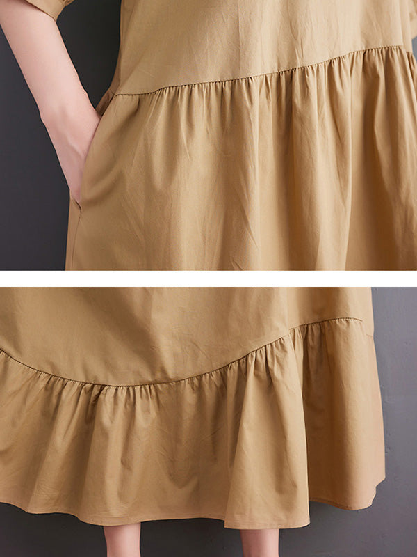 Simple Half Sleeves Loose Solid Color Lapel Collar Midi Dresses