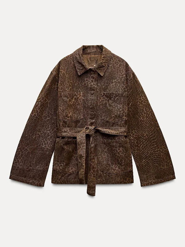 Leopard Tied Waist Long Sleeves Loose Blouses&shirts Tops