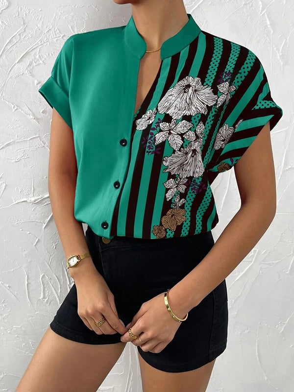 Buttoned Contrast Color Flower Print Striped Loose Short Sleeves V-Neck Blouses&Shirts Tops