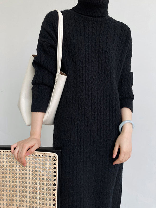 Stylish Loose Long Sleeves Solid Color High-Neck Twist Sweater Dresses