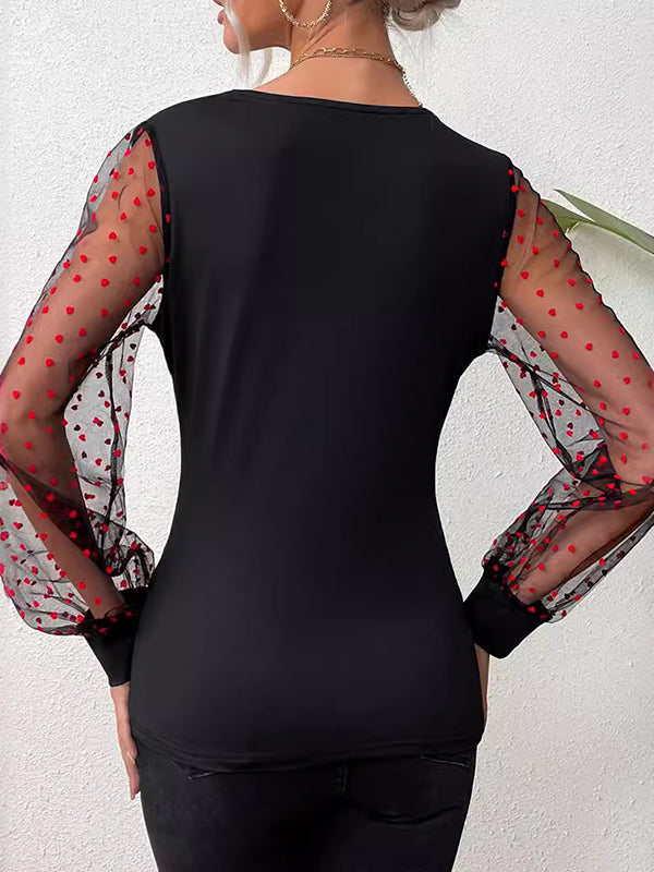 Pleated Polka-Dot See-Through Split-Joint Puff Sleeves Skinny V-neck Blouses&shirts Tops