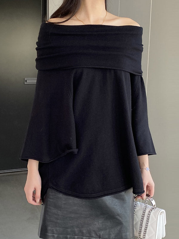 Solid Color Batwing Sleeves Flared Sleeves Off-the-shoulder Knit Top