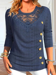Buttoned Jacquard Pleated Split-Joint Long Sleeves Loose Round-Neck T-Shirts Tops