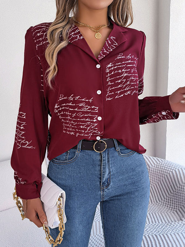 Buttoned Letter Print Long Sleeves Loose Notched Collar Blouses&Shirts Tops