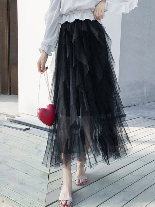 Original Stylish Irregular Mesh Solid Color Skirt