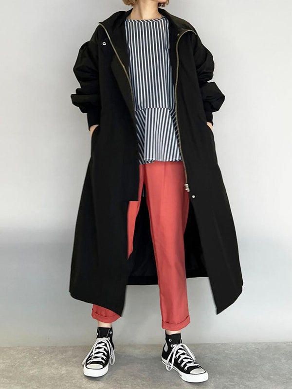 Loose Long Sleeves Drawstring Solid Color Zipper Hooded Trench Coats Outerwear