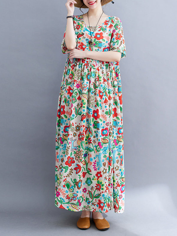 Pleated Printed Split-Joint Loose Short Sleeves Round-Neck Midi Dresses