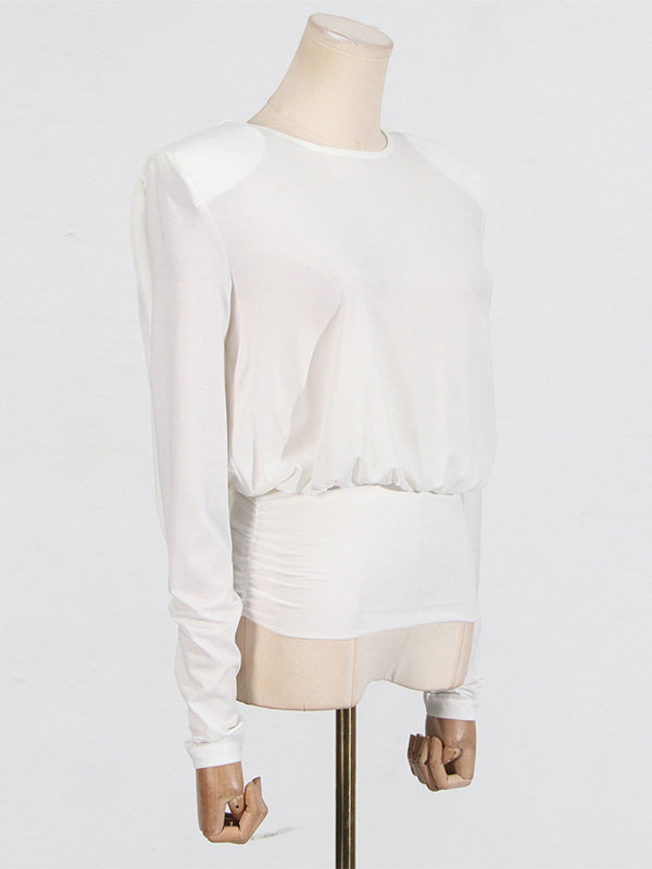 Backless Shoulder Pad Solid Color Long Sleeves Round-Neck Blouses&Shirts Tops