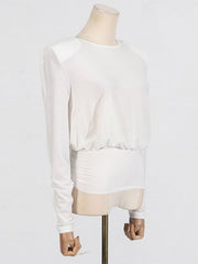 Backless Shoulder Pad Solid Color Long Sleeves Round-Neck Blouses&Shirts Tops