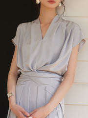Knot Pleated Solid Color Split-Joint Loose Raglan Sleeve V-neck Blouses&shirts Tops