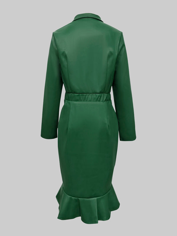 Buttoned Elasticity Ruffle Trim Solid Color Split-Joint Bodycon Long Sleeves Lapel Midi Dresses