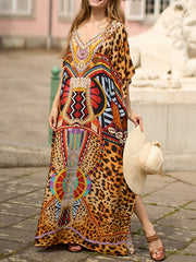 Leopard Printed Split-side Batwing Sleeves Loose V-neck Maxi Dresses Beach Cover-Up