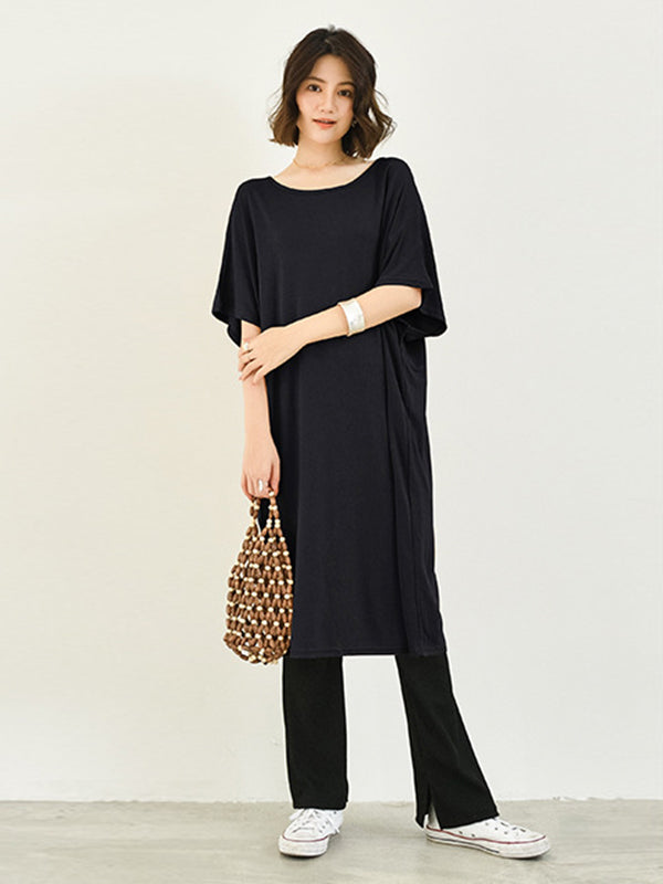 Casual Batwing Half Sleeves Solid Color Round-Neck Midi Dresses