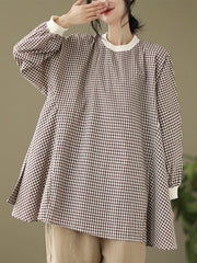 Puff Sleeves Irregularity Plaid Split-Joint Round-Neck T-Shirts Tops
