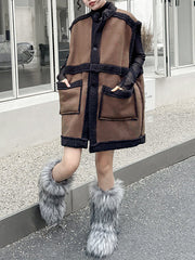 Buttoned Pockets Split-Joint Loose Sleeveless Stand Collar Vest Outerwear