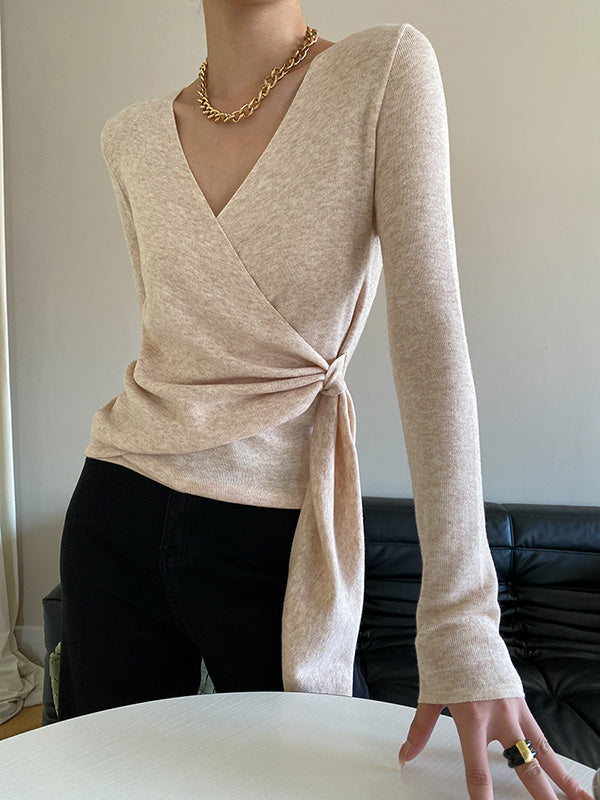 Asymmetric Solid Color Long Sleeves V-Neck Sweater Tops Pullovers