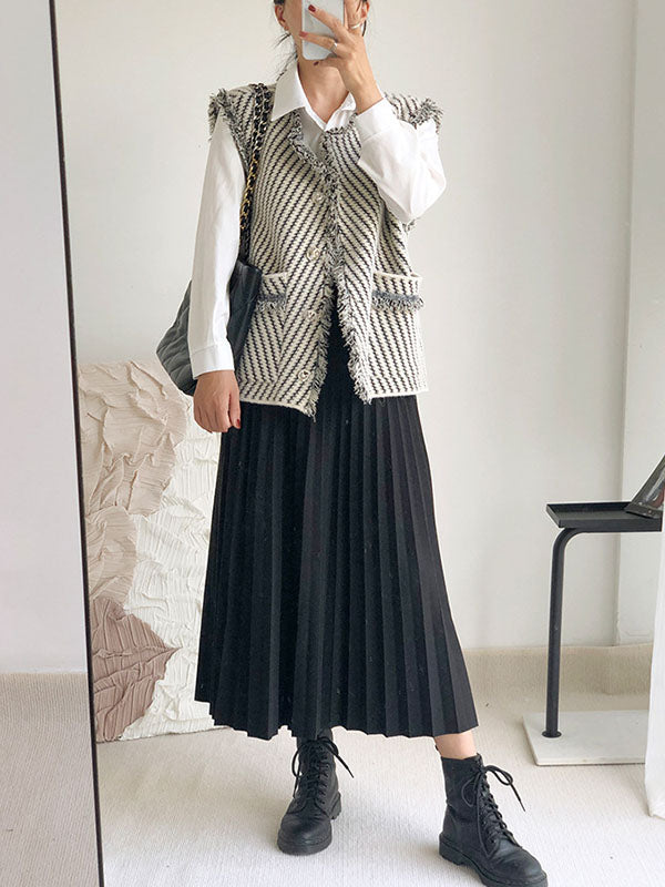 Buttoned Fringed Pockets Striped Loose Sleeveless V-Neck Vest Outerwear