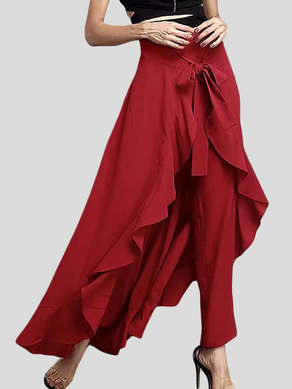 Ruffle Trim Solid Color Split-Joint Tied Waist Zipper Loose Culotte