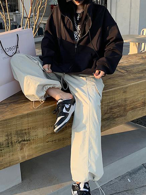 Drawstring Elasticity Pockets Solid Color Split-Joint High Waisted Loose Trousers Pants