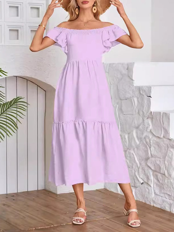 Elasticity Pleated Ruffled Solid Color Split-Joint A-Line Loose Off-The-Shoulder Midi Dresses