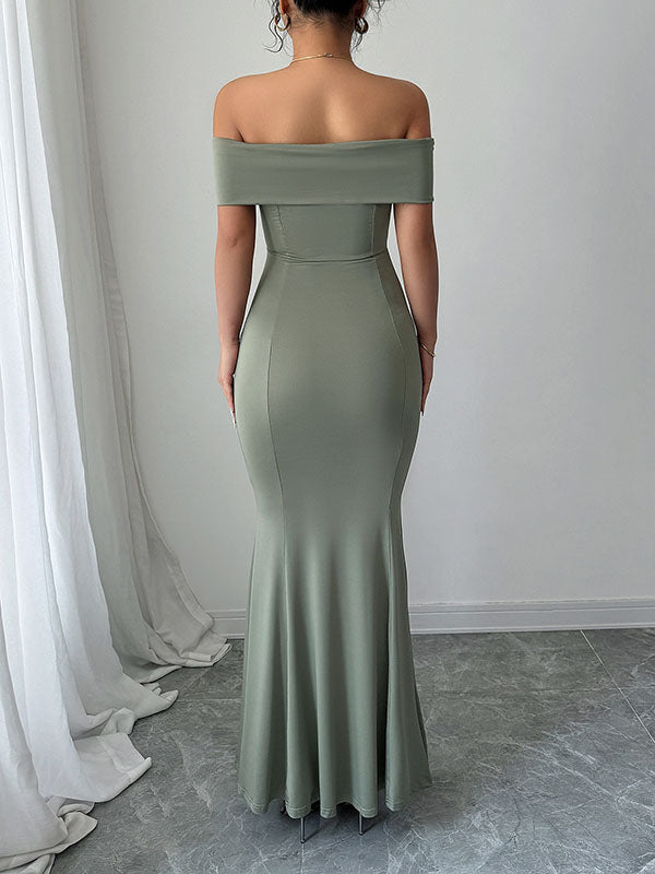 Solid Color Zipper Bodycon High Waisted Off-The-Shoulder Maxi Dresses