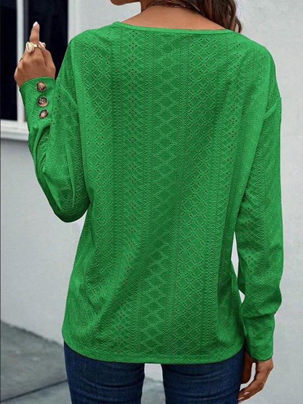 Buttoned Solid Color Long Sleeves Loose V-Neck T-Shirts Tops