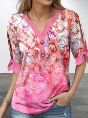 Buttoned Flower Print Tied Half Sleeves Loose V-Neck T-Shirts Tops