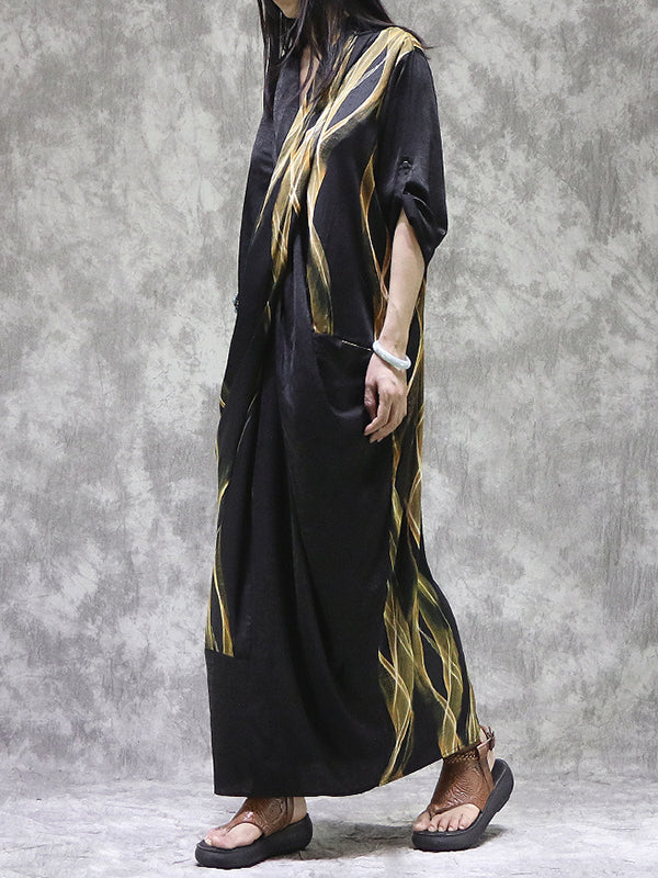 Pockets Printed Split-back Long Sleeves Loose V-neck Maxi Dresses