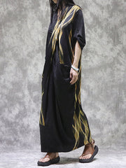 Pockets Printed Split-back Long Sleeves Loose V-neck Maxi Dresses