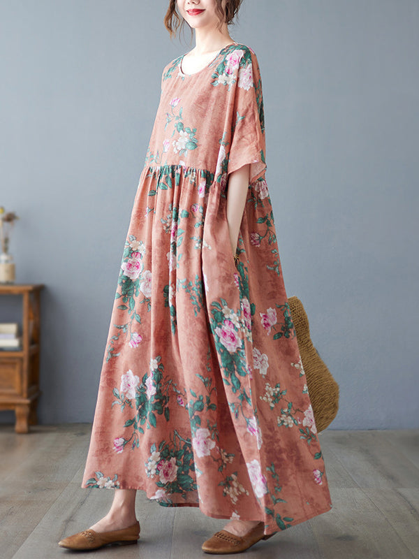 Artistic Retro Loose Original Floral Printed Pleated Midi Dress