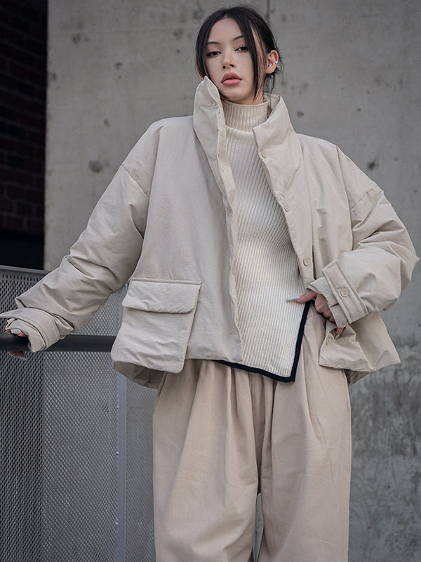 Urban Long Sleeves Buttoned Asymmetric Solid Color Stand Collar Padded Coat
