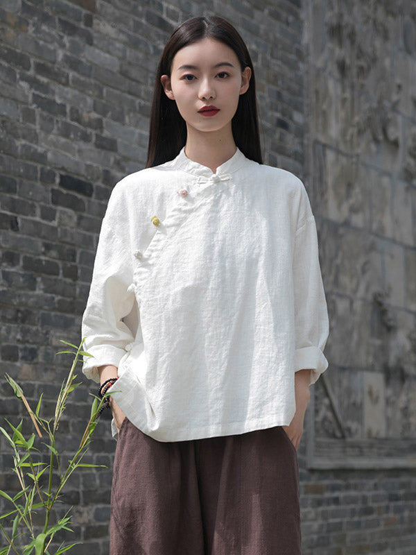 Vintage Ramie Cotton Stand Collar Loose Long Sleeve Shirt