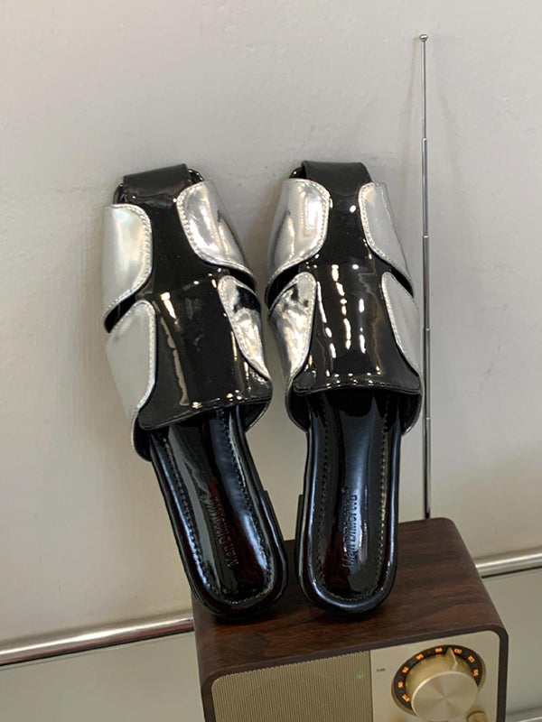 Contrast Color Hollow Split-Joint Square-Toe Slippers&Mules Sandals