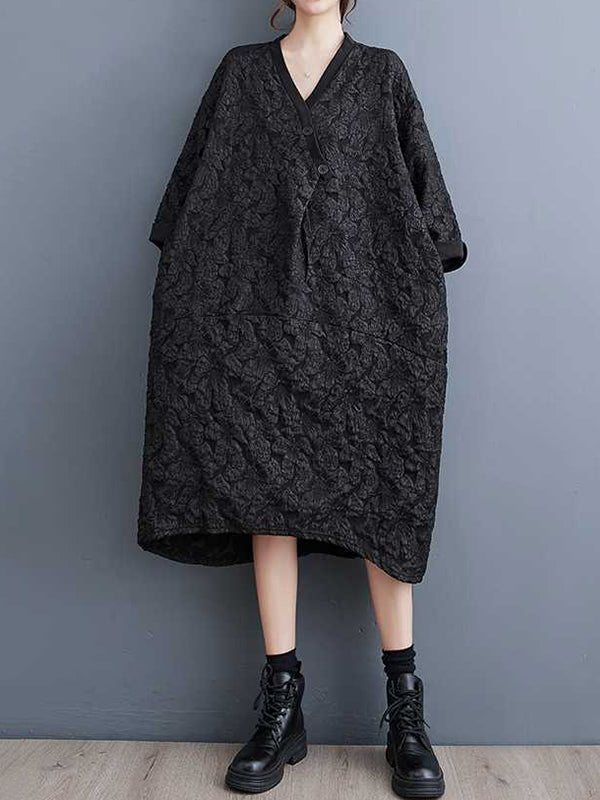 Asymmetric Buttoned Jacquard A-line Half Sleeves V-neck Midi Dresses