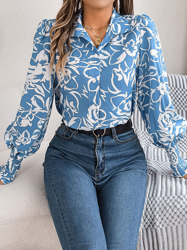 Buttoned Contrast Color Elasticity Flower Print Long Sleeves Loose Lapel Blouses&shirts Tops