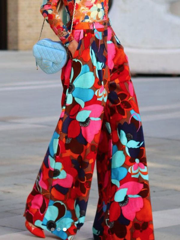 Contrast Color Floral Printed Flower Print Loose Wide Leg Trousers Casual Pants Bottoms