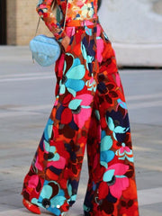 Contrast Color Floral Printed Flower Print Loose Wide Leg Trousers Casual Pants Bottoms