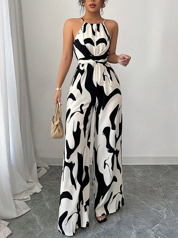 Contrast Color Pleated Loose Sleeveless Spaghetti-Neck Jumpsuits