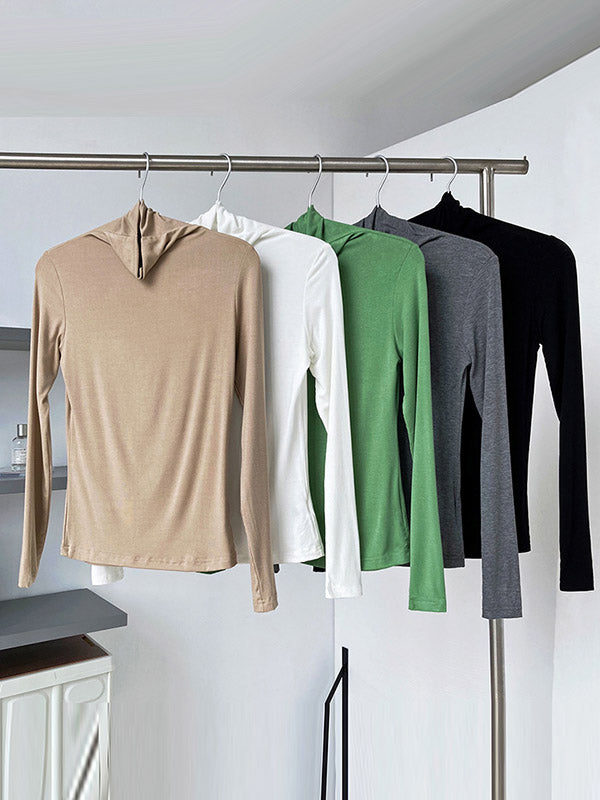 Simple 5 Colors Modal High-Neck Long Sleeves T-Shirt Top