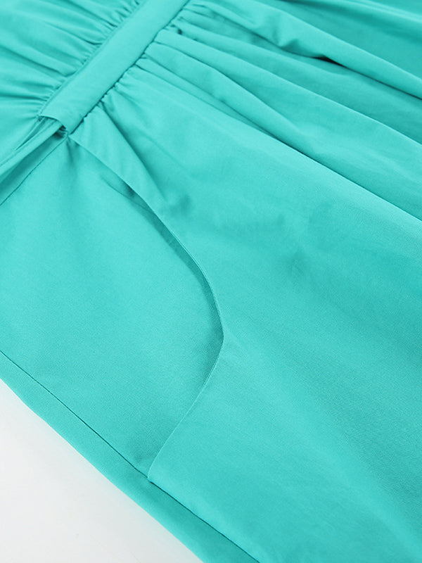 Drawstring Pleated Solid Color Split-Joint Tied Waist Loose Short Sleeves V-Neck Shirt Dress Midi Dresses