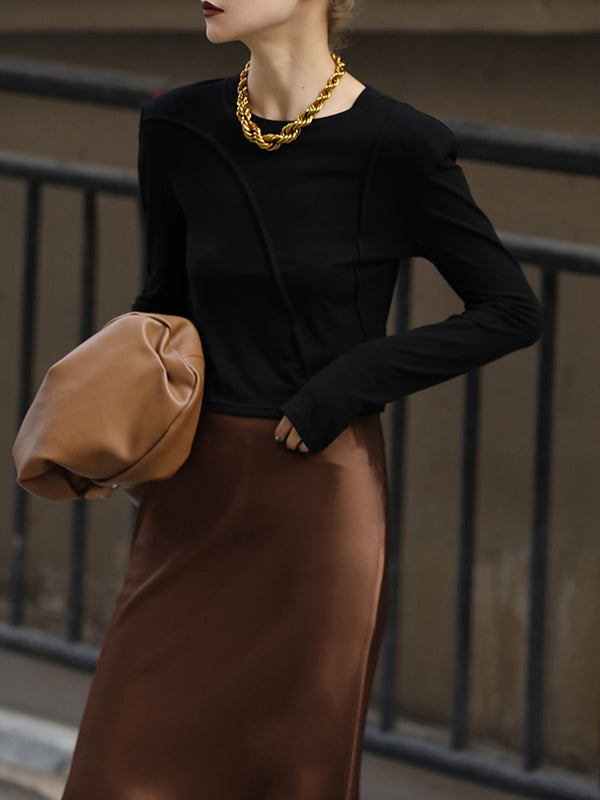 Shoulder Pad Solid Color Long Sleeves Skinny Round-Neck T-Shirts Tops