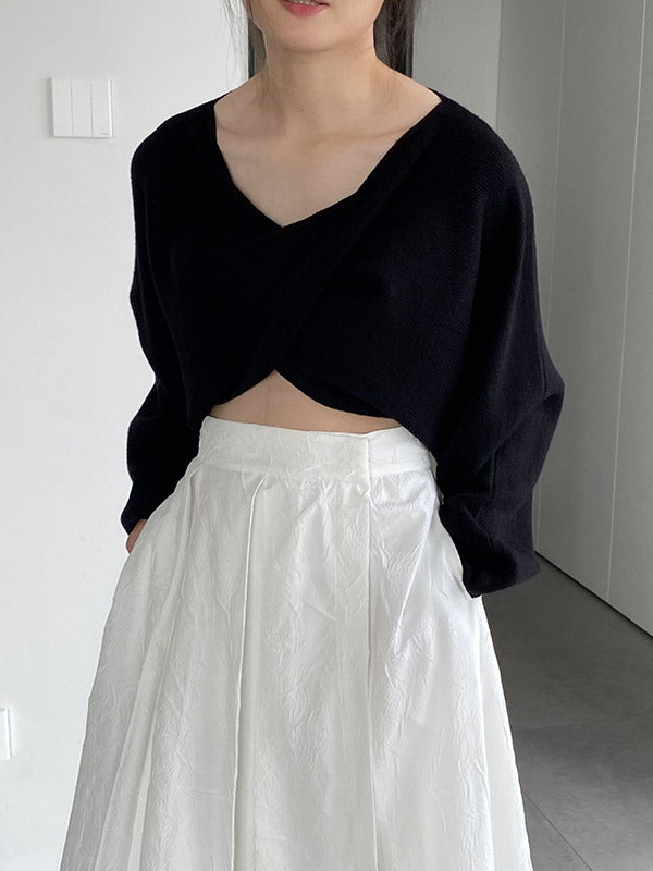 Knot Solid Color Batwing Sleeves Long Sleeves V-Neck Sweater Tops Pullovers