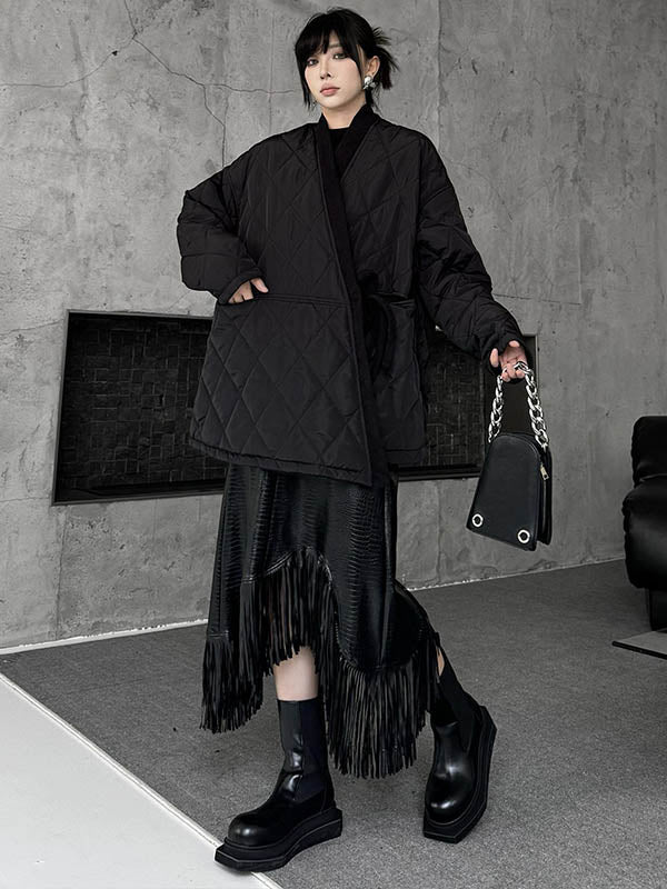 Plaid Quilted Solid Color Split-Joint Tied Long Sleeves Loose Collarless Padded Coat Outerwear