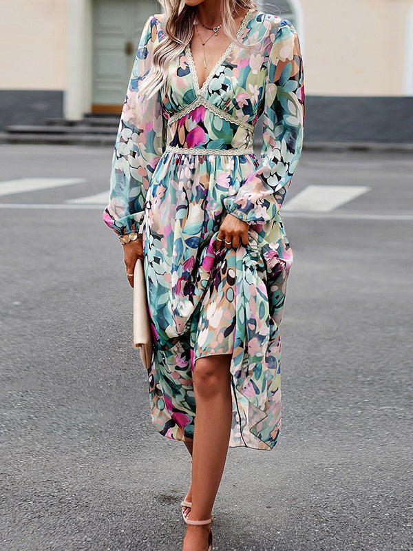 Mesh Printed Split-Joint A-Line High Waisted Deep V-Neck Midi Dresses