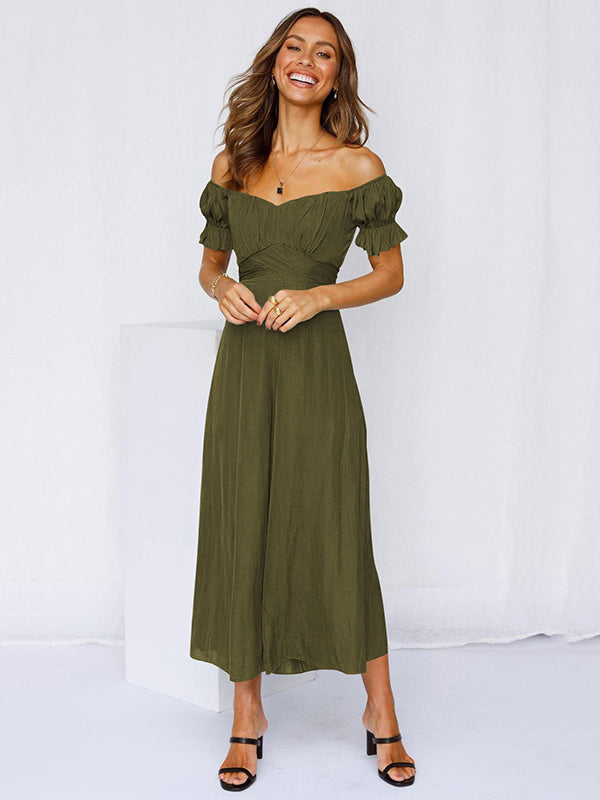 13 Colors Puff Sleeves Solid Color Cold Shoulder Wide Leg Jumpsuits