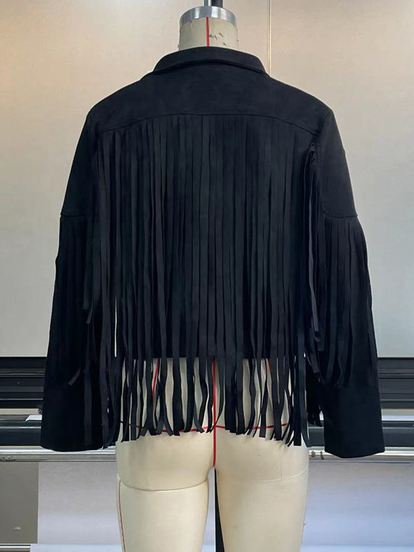 Solid Color Split-Joint Tasseled Long Sleeves Notched Collar Jackets